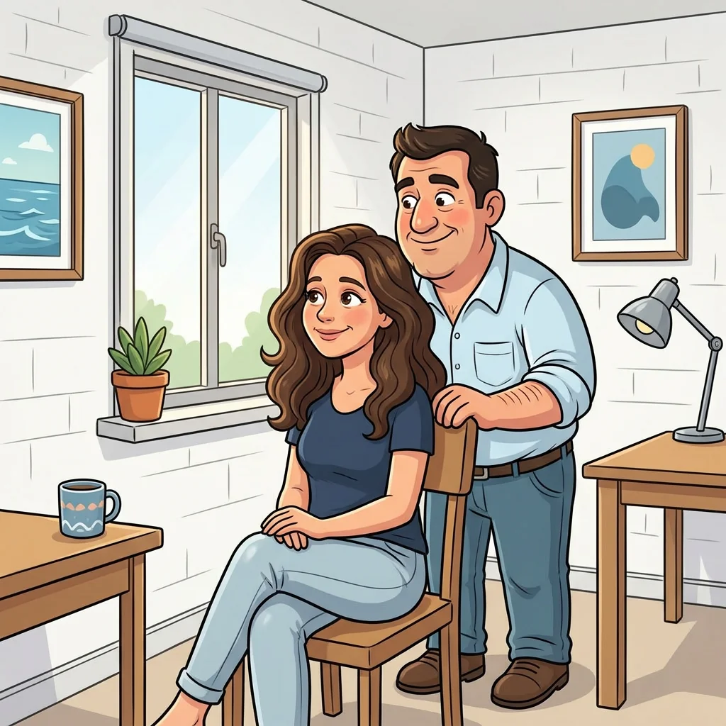 איור AI של זוג בסלון הבית — דוגמה לאיור פרק בספר אישי