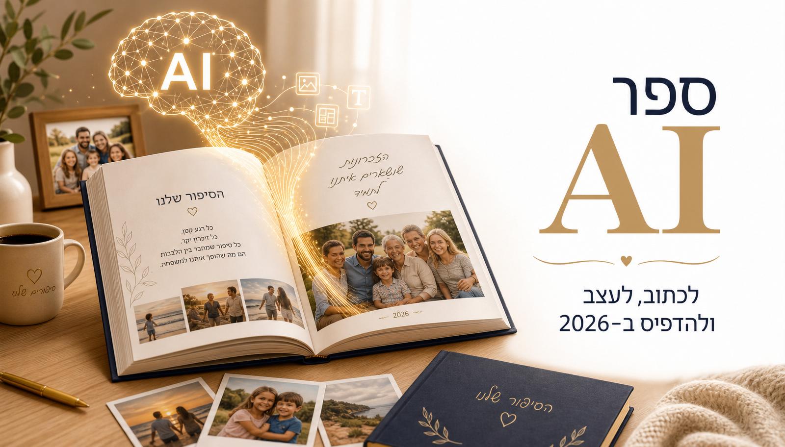ספר AI פתוח על שולחן עץ עם רשת נוירונים זוהבת שזורמת אל הדפים, לצד תמונות משפחתיות – המחשה ליצירת ספר אישי בבינה מלאכותית