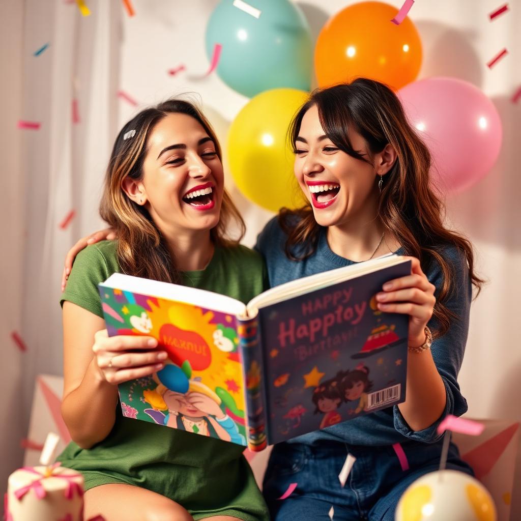 חברות מתפוצצות מצחוק בזמן קריאת ספר מותאם אישית מצחיק במסיבת יום הולדת