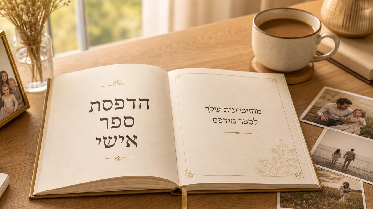 הדפסת ספר אישי בעברית - ספר מודפס פתוח על שולחן עץ עם הכיתוב 'הדפסת ספר אישי' ו'מהזיכרונות שלך לספר מודפס', לצד תמונות משפחתיות וספל קפה