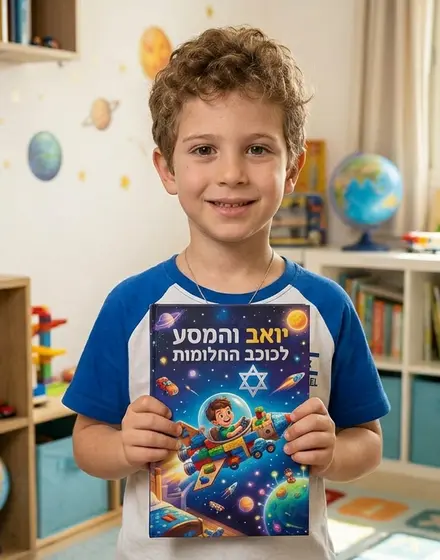 ילד מחזיק בגאווה את הספר המותאם אישית שלו