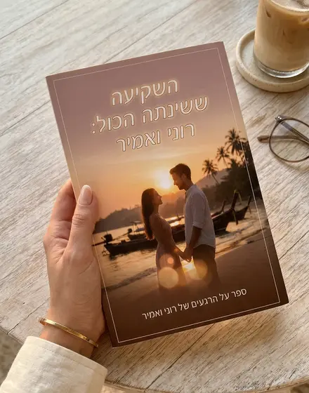אישה מחזיקה ספר אהבה רומנטי מותאם אישית עם תמונת שקיעה על שולחן בית קפה